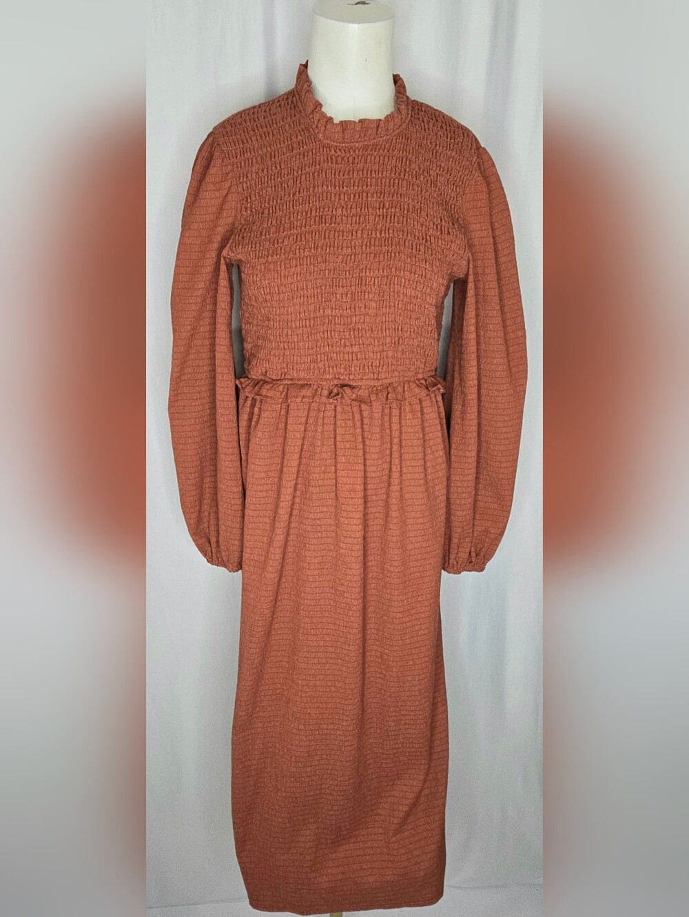 ASOS Miss Selfridge Rust Smocked Midi Dress Puff Balloon Sleevess Size 6 NWOT
